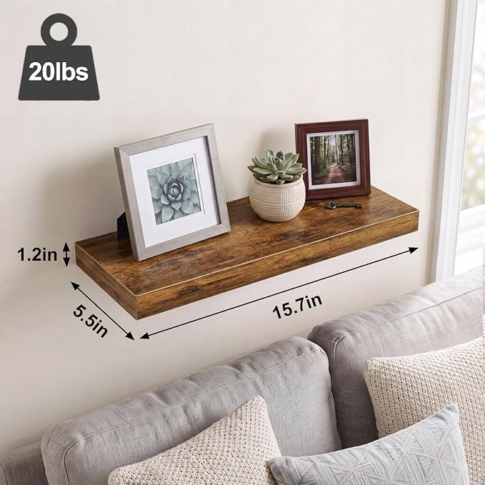 Fixwal 15.7in Floating Shelves, Set of 6 Wood Shelves, Farmhouse Shelf Wall Decor for Bathroom, Bedroom, Living and Kitchen Room (Rustic Brown)