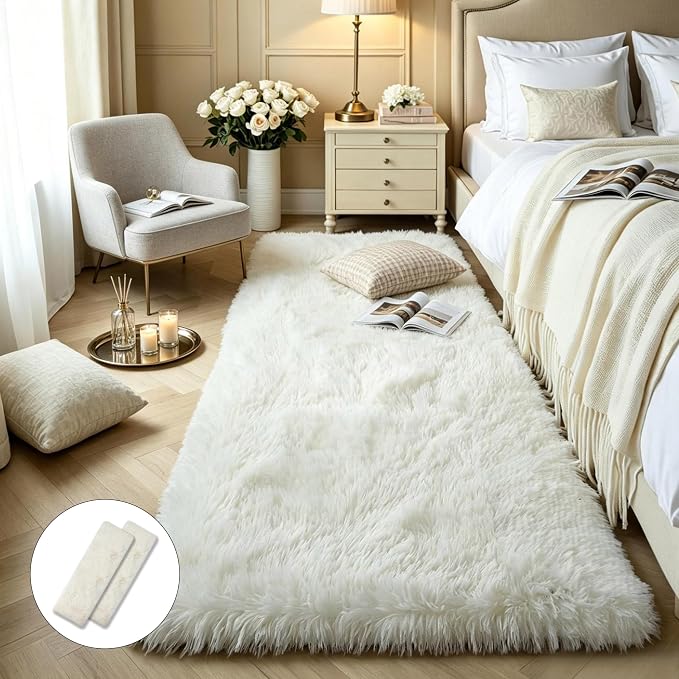 KCHOWUA Cream White Fluffy Area Rug 2x6, 2 Pcs Machine Washable Fuzzy | Soft plush shaggy throw rug Ivory for girls bedroom, living room, kids room, dorm, and nursery