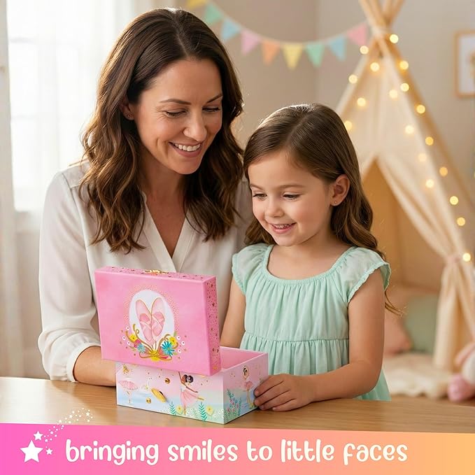 Giggle & Honey Musical Ballerina Jewelry Box for Girls - Kids Music Box with Spinning Ballerina, Ballet Birthday Gifts for Little Girls, Jewelry Boxes, 6 x 4.7 x 3.5 in - Ages 3-10,Pink