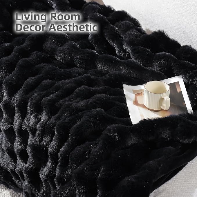 Faux Rabbit Fur Throw for Couch - Black Bubble Blanket 60"x80" | Fluffy Plush Fuzzy Throw for Sofa & Bed, Super Soft Cozy Comfrt Blanket, Luxury Aesthetic Black Decor Gift for Women