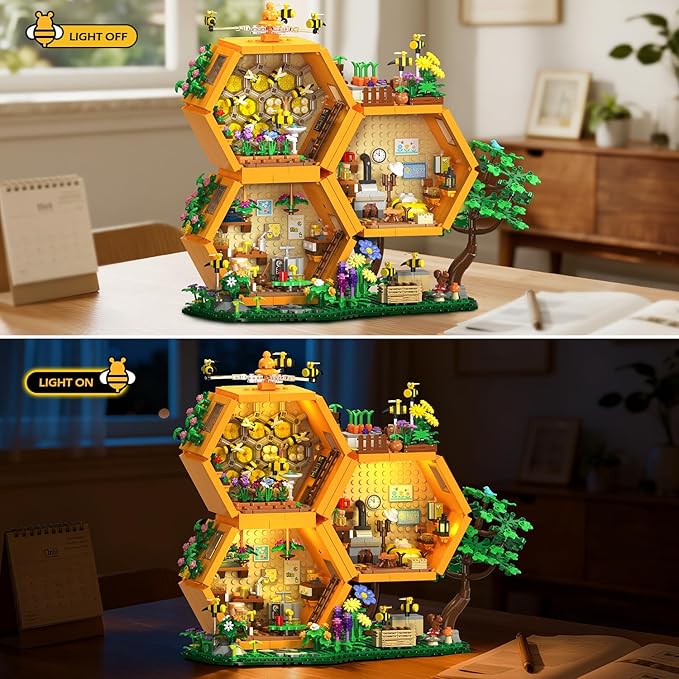 INSOON Farm Bee House Building Set with Lights, 1773PCS Honey Cabin Building Block Kit with Flowers Botanical Animals, Treehouse Construction Model Home Decor, Easter Gift for Adults Boys Girls 12+