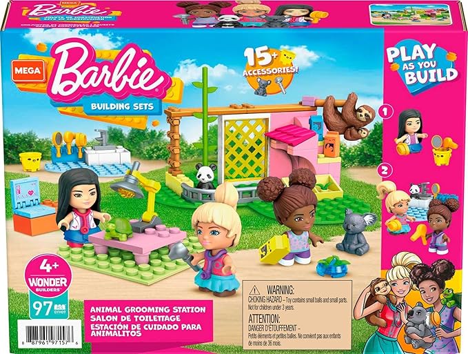 MEGA Construx Barbie Kids Building Blocks Toy Set, Animal Grooming Station with 97 Pieces, 3 Micro-Dolls, Barbie Pets and Accessories, Ages 4+ Years
