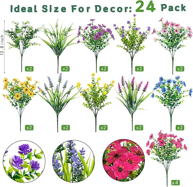 Ouddy Decor 24 Pcs Mixed Artificial Flowers for Outdoors Home Decorations | Fake silk flowers, plastic plants, faux lavender, UV resistant for garden patio window box office table kitchen home decor