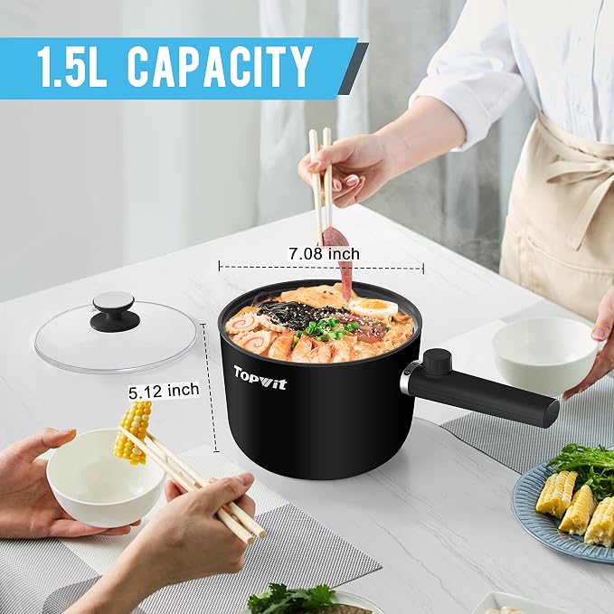 Topwit 1.5L Hot Pot Electric, Portable Ramen Cooker, Non-Stick Frying Pan | BPA-free, Glass Lid, Overheat & Boil-dry Protection, Electric Pot for Pasta, Steak, College Dorm Office Travel Essentials