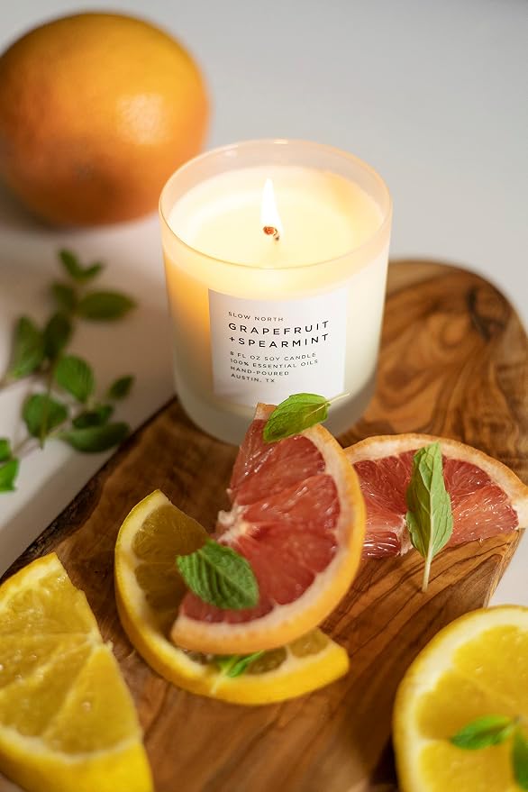 Slow North Grapefruit + Spearmint - Essential Oils and Pure Soy Wax Candle in a Reusable Frosted Glass Jar - Scented Candle Hand-Poured in the USA (8 oz)