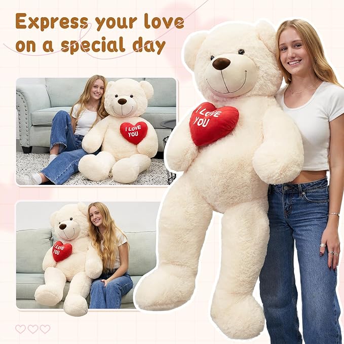 MaoGoLan Giant Teddy Bear 52"- I Love You Red Heart Big White Bear Stuffed Animal - Large Valentines Teddy Bear for Girlfriend,Boyfriend,Wife,Lover - Anniversary, Birthday,Long Distance