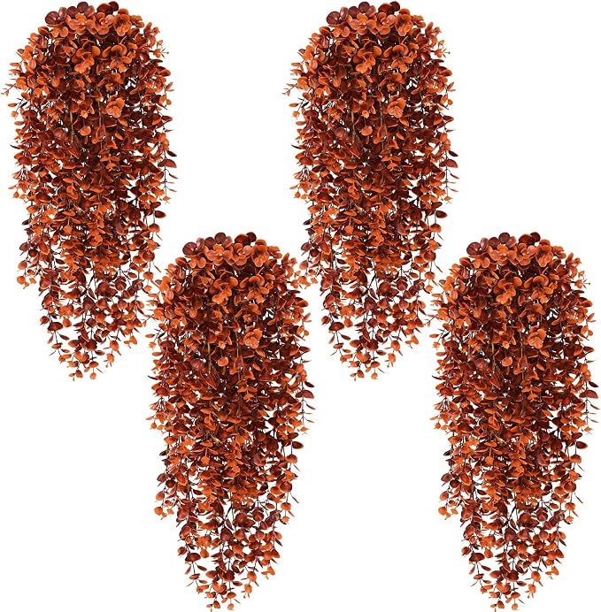 Waipfaru 4Pcs Fake Hanging Plants, Red-Brown Eucalyptus Fake Vines Ivy | UV Resistant Artificial Plants Outdoor Faux Plants Indoor Bedroom Living Room Boho Wall Porch Shelf Decor