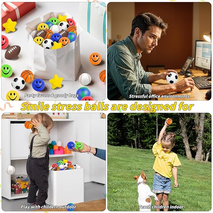 60 Pcs Sports Balls Bulk Kids Small Mini Stress Ball for Party Favor Toy, Including Basketball, Baseball, Football, Globe, Soccer, Star, Smile for Stress Relief School Prizes Carnival Fillers Gift