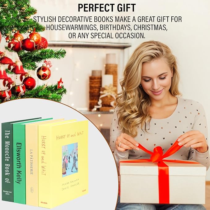 4 Pcs Decorative Books | Faux Neutral Coffee Table & Shelf Decor | Warm Organic Look for Living Room, Office and Entryway - Not Real, Tool-Free 2-Min Setup