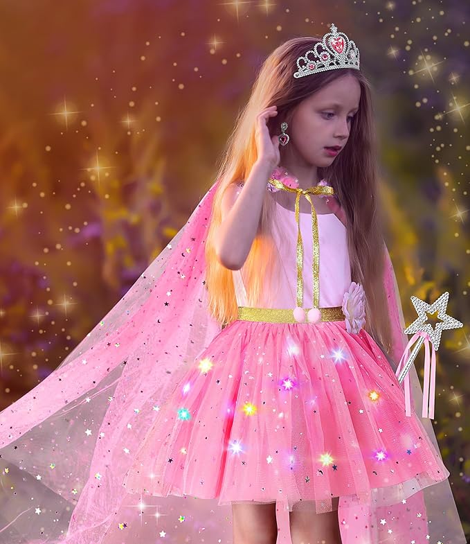 Light up Princess Dress up Clothes for Little Girl, Unicorn Princess Cape Princess Dresses Crown Toy for 3 4 5 6 Girls