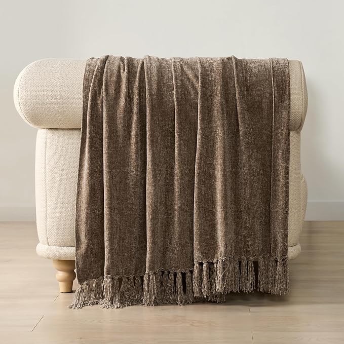 Chenille Knit Throw Blanket for Couch, 60"x80", Mocha Brown | Cozy Plush Fuzzy Knittd Throw with Tassels, Lightweight, Decorative, Farmhouse Decor, Ideal for Bed Sofa Gift, All Seasons