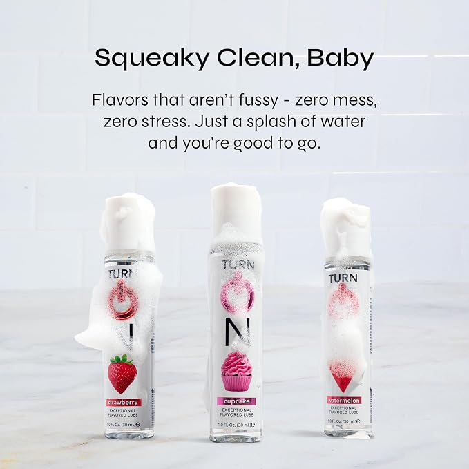 Turn On 3-Pack Flavors Sampler Collection - Strawberry, Watermelon, and Cupcake Lubes for Men, Women, and Couples | Paraben-Free, Gluten-Free, Stain-Free, Travel-Friendly, 1 fl oz Each