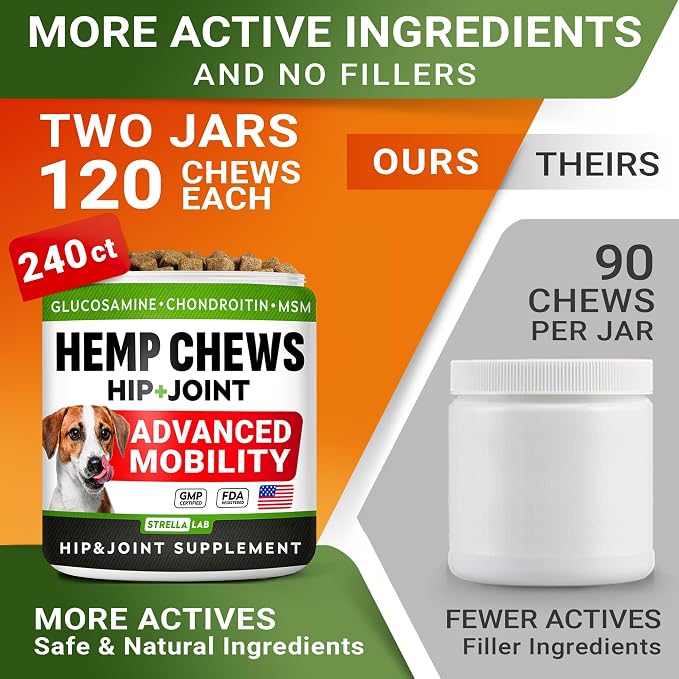 Large Breed Hemp + Glucosamine Dog Joint Supplement - Hemp Chews for Dogs Hip Joint Pain Relief - Omega 3, Chondroitin, MSM - Advanced Mobility Hemp Oil Treats for Large Dogs - Made in USA - 240 Ct