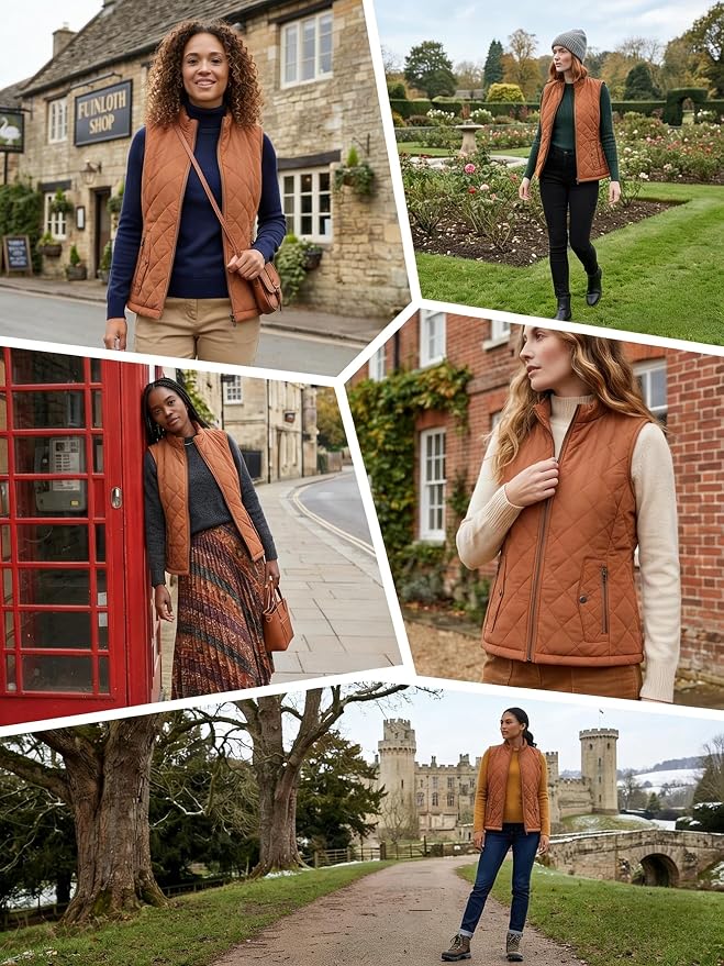 Fuinloth Women's Quilted Vest Lightweight Puffer Stand Collar Zip Gilet | 4 pockets with 2 inner storage. Quilted padded warm gilet. Fall winter outerwear layering vest for travel hiking daily wear.