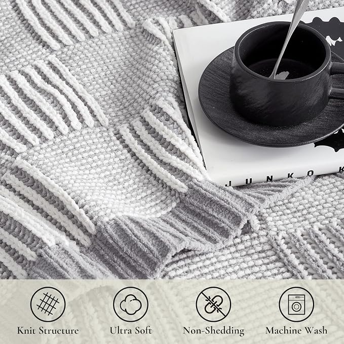 Knit Throw Blanket, Soft Chenille Cozy Breathable Dual Tone Checkered Chunky Decorative Blanket for Couch, Bed & Sofa, French-Inspired Lightweight Warm Gift for Women, Gray, 50"x60"