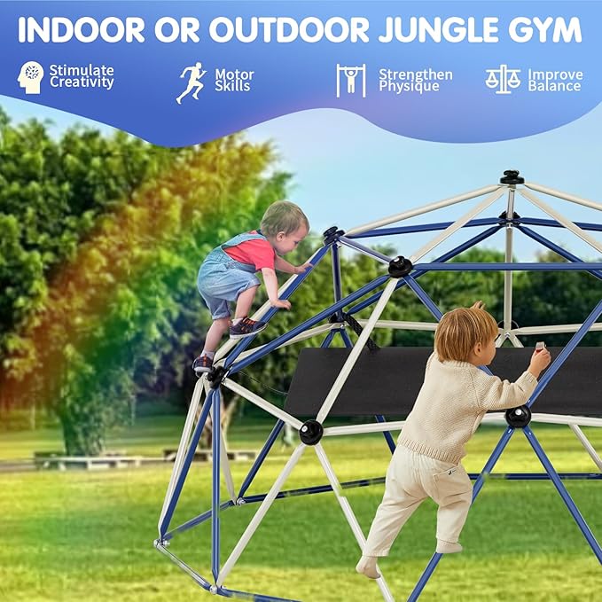 Climbing Dome,10FT Dome Climber with Hammock, Outdoor Jungle Gym for Kids, Supports Jungle Gym up to 1,000 lbs, Rust Resistant, Easy to Assemble, Gift for Kids, Blue+White
