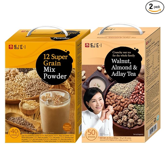 Damtuh Korean Grain Drink Mix Bundle – Walnut Almond Adlay Tea Powder (Job’s Tears/Yulmu) + 12-Grain Misugaru Multigrain Powder, Latte-Style Drink, Caffeine-Free 18g x 50 / 20g x 40 Stick Packs