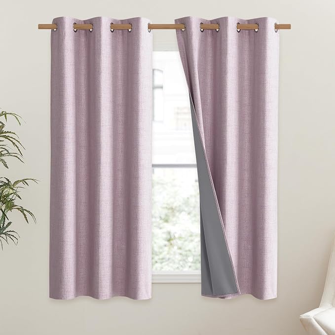 NICETOWN Pink Vintage Linen 100% Blackout Curtains for Classroom, Thermal Insulated Curtains 63" Long, Noise Reducing Window Treatment Drapes for Gym Room, 42" Wide Per Panel, Set of 2