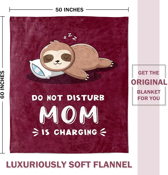 Leebbsin Funny Gifts for Mom, Birthday Gifts for Mom from Daughter Son | Mom is Charging Sloth Blanket, 60" x 50", Burgundy, Mom Gift for Christmas Mothers Day, Soft Sloth Throws Blanket for Mother