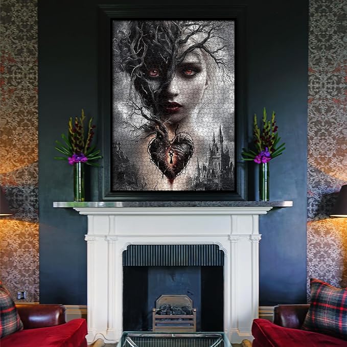 Magic Women Heart Puzzles for Adults 1000 Pieces, Fantasy Puzzle Tree of Life Key Demon Angel Jigsaw Puzzles, Black White Castle Impossible Hard Difficult Challenging Puzzle