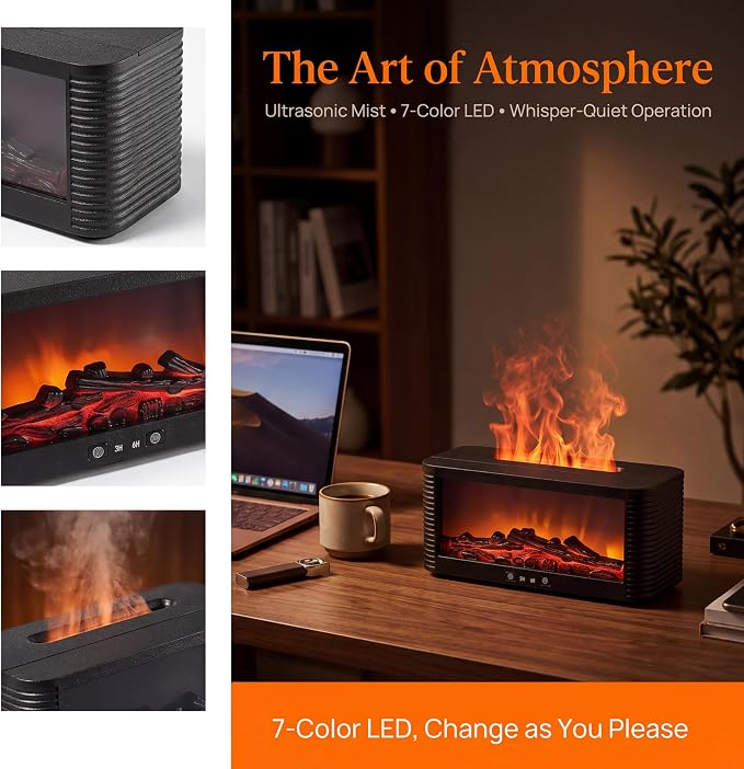 250ML Fireplace Flame Aroma Diffuser, Simulated Fire Effect Essential Oil Diffuser Humidifier with 9 Colors Changing LED Lights, 3H/6H Auto Shut-Off Timer, for Home Bedroom Office, Black