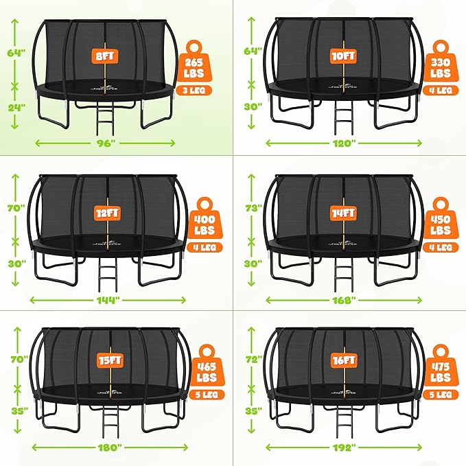 JELENS Trampoline 8FT 10FT 12FT 14FT 15FT 16FT, Recreational Trampolines with Enclosure Net, Outdoor Anti-Rust Trampolines for Kids and Adults, ASTM Approved