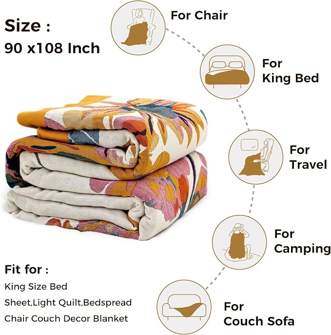 LUTBM King Throw Blanket for Bed -100% Cotton Soft Boho Summer Blankets | 90"x108" Reversible Floral Butterfly Bedspread, All-Season, For Chair Sofa Couch Bedroom Decor, Lightweight Breathable Quilt
