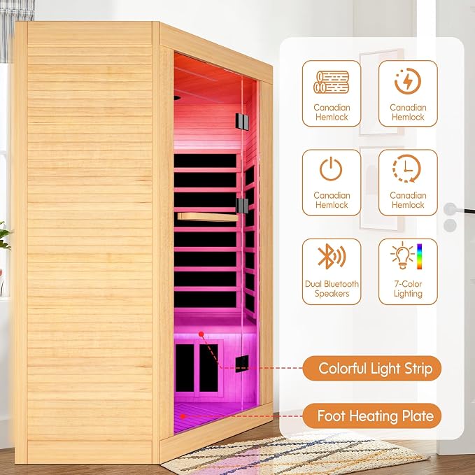 Sauna Room Far Infrared Saunas Home 1 to 3 Person Canadian Hemlock 2180W/110V Low-EMF Dry Spa Wood Sauna with Oxygen Bar/7 Color Therapy/9 Heating Plates/Control Panel/Speakers 47.2 * 47.2 * 74.8 In