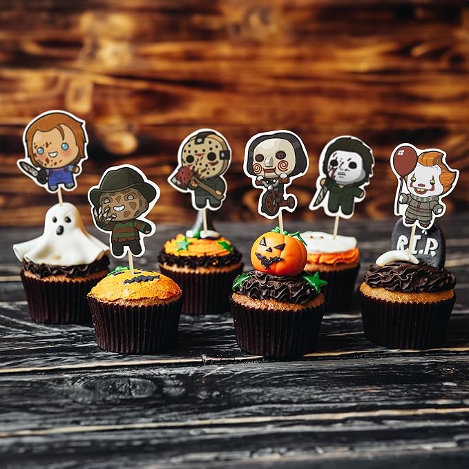 Gyufise 36Pcs Horror Movie Cupcake Toppers Horror Movie Halloween Cupcake Picks Halloween Birthday Cake Decorations for Baby Shower Birthday Party Supplies