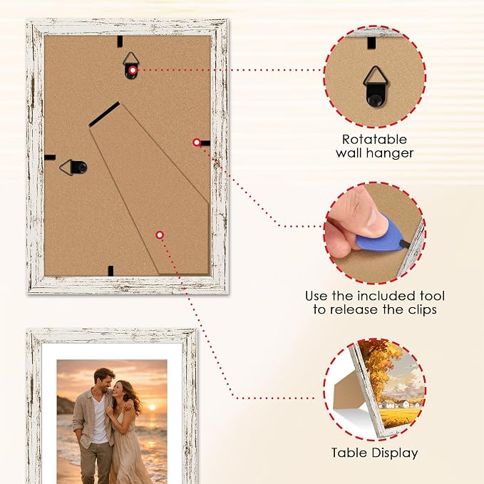 FIXSMITH 5x7 Picture Frame 2 Pack, Distressed White Photo Frame with HD Plexiglass, Display Pictures 4x6 with Mat or 5x7 Without Mat, Distressed White Multi Picture Frames Collage for Tabletop or Wall Display