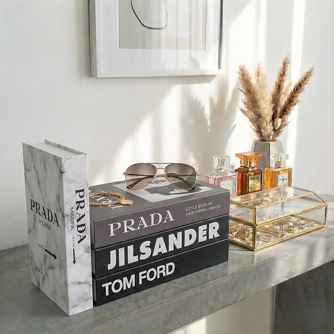 4 Pcs Decorative Books | Faux Marble Cardboard Coffee Table Decor | Minimalist Modern Look - Not Real, No Pages Inside - Arrives Flat, Tool-Free 2-Min Setup