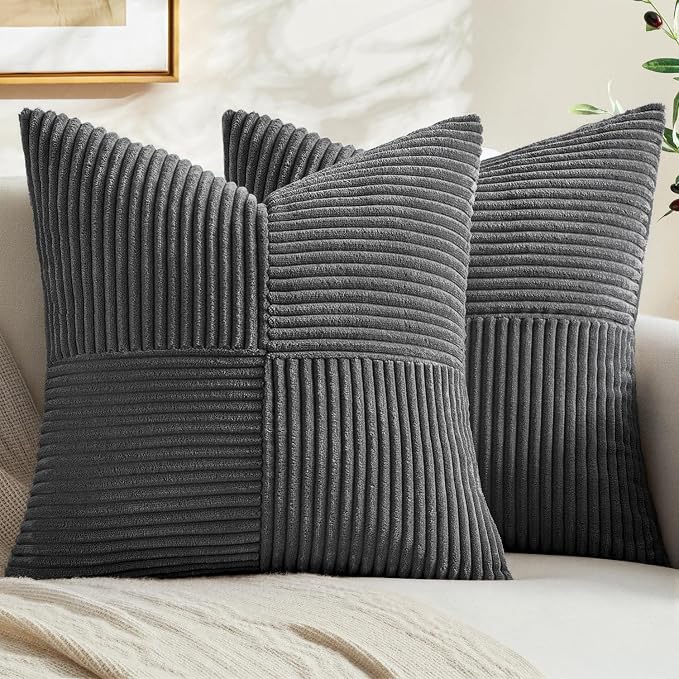 MIULEE Grey Decorative Euro Sham Pillow Covers 24x24 Inch 2 Pack | Boho Farmhouse Pillow Covers, Soft Cross Corduroy Patchwork Textured Cushion Cases For Couch Bed Sofa