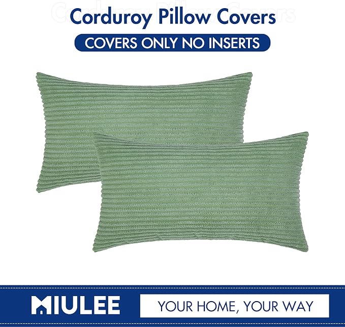 MIULEE Lumbar Corduroy Throw Pillow Covers Set of 2 12x20 Sage Green | Decorative Soft Striped Textured Cushion Cases, Boho Pillowcases for Home Decor, for Couch Chair Sofa Bed Living Room
