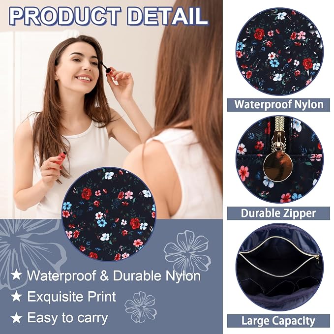 UIXIZQ Waterproof Large Floral Makeup Pouch,Nylon Travel Toiletry Storage Purse Preppy Cosmetic Bag for Women Girl,Large Capacity Makeup Organizer Zipper Pouch for Work(L Black-Flowers)