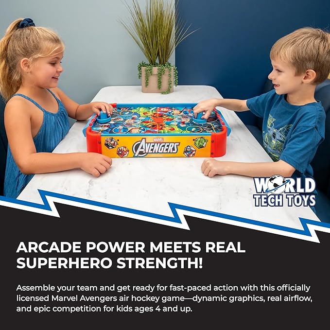 Marvel Avengers Air Hockey Table for Kids - Wooden Tabletop Game with Puck, Pushers & Air Flow System - Marvel Licensed - Kids 4+