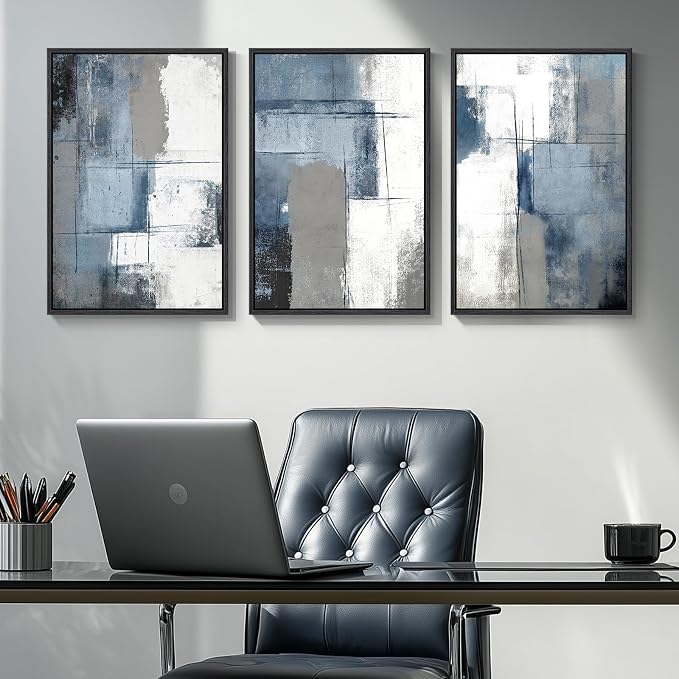 Framed Blue and Grey Abstract Wall Art, 3 Piece Modern Canvas Prints Paintings Artwork for Walls, Minimalist Abstract Block Pictures for Living Room Dining Room Lounge Bedroom Wall Decor 16x24 In