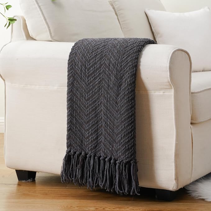 BATTILO HOME Dark Grey Throw Blanket for Couch, 60"x80" | Knit Charcoal Throw Blanket Versatile for Chair, Super Soft Warm Grey Blanket with Tassels for Bed, Sofa and Living Room