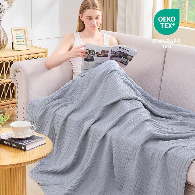 EMME Muslin Blankets for Adults Throw Blanket for Couch Breathable Gauze Soft Lightweight Airy Dusty Blue Twin 60" x 80"