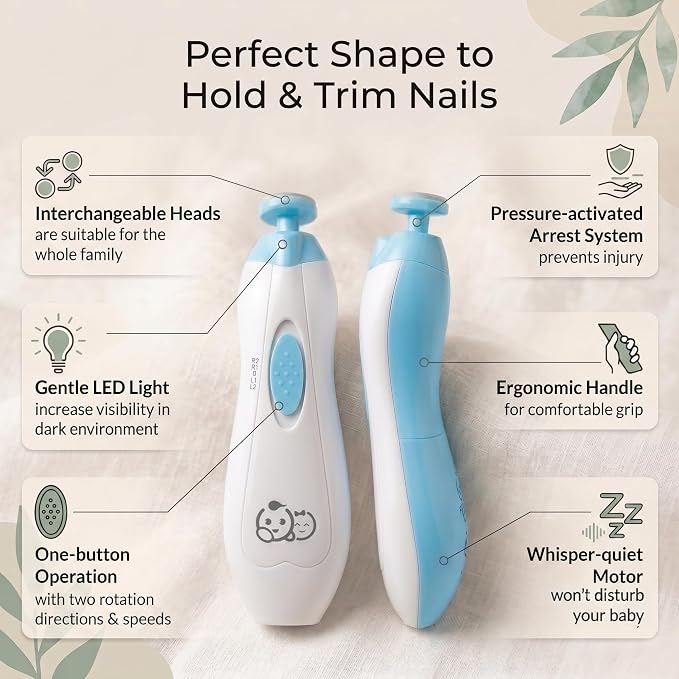 Royal Angels Upgraded 6 in 1 Baby Nail Trimmer with Labeled Case, 4 Colored Pads for Newborns to Toddlers, Whisper Quiet Electric Nail File with LED Light, Safe Manicure Set for Families (Babyblue)