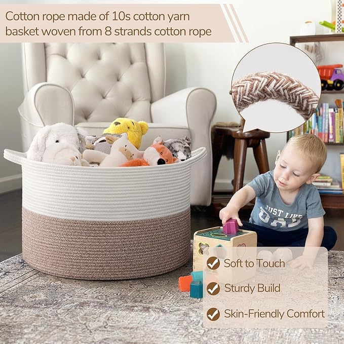 INDRESSME Large Woven Rope Blanket Basket Living Room Brown, 65L | 19.7" x 12.6" Storage baskets for laundry, toys & pillows. For living room, bedroom or nursery decor. soft-touch, gift basket