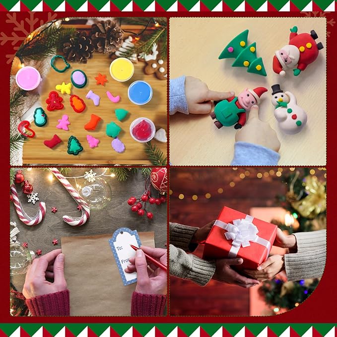 Blosssound Christmas Clay Sets Pcs Christmas Party Favors with Pcs Xmas Clays Molds DIY Holiday Clay Craft Kit for Classroom Gifts Treat Bags Stuffers Supplies(Green, Modern)