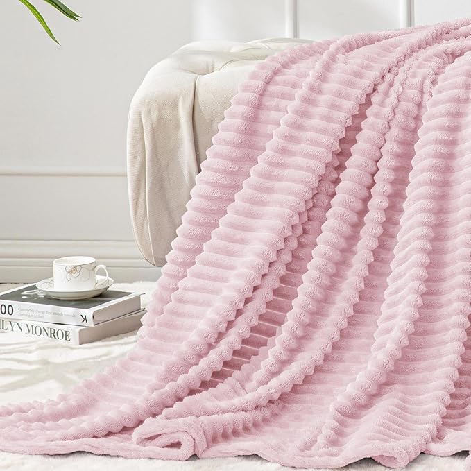 BEDELITE Ribbed Cherry Blossom Fleece Throw Blanket for Couch, 50x60 Inch | Soft Warm Decorative Fluffy Blanket, Cozy Plush Lightweight Fuzzy Throw Blanket for Bed Sofa Home Room Decor, Gift for Women