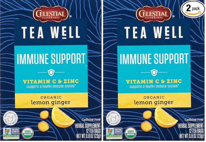 Celestial Seasonings TeaWell Herbal Tea, Lemon Ginger, Caffeine Free Organic Wellness Tea, 12 Tea Bags (Pack of 2)