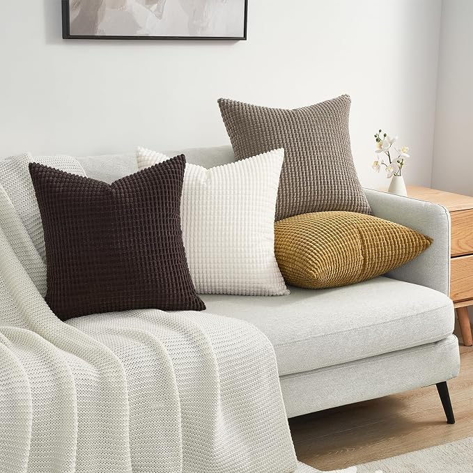 Topfinel Pack of 4 Gold Brown Throw Pillow Covers 18x18 Inch for Living Room Couch Bed, Boho Farmhouse Home Decor Cushion Cases,Soft Corduroy Accent Square Cushion Covers 45x45 cm(Yellow,Brown)