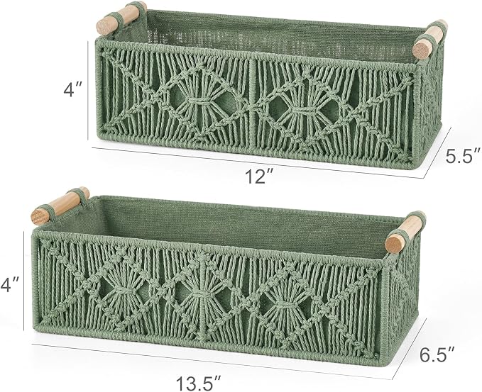 Mkono 2Pc Macrame Storage Basket, Boho Decor Toilet Paper Holder, Green | Small Baskets for Organizing, Hand-Woven, Bohemian Beach Coastal Decor, Shelf Vanity Cabinet Bedroom Living Room Office Dorm