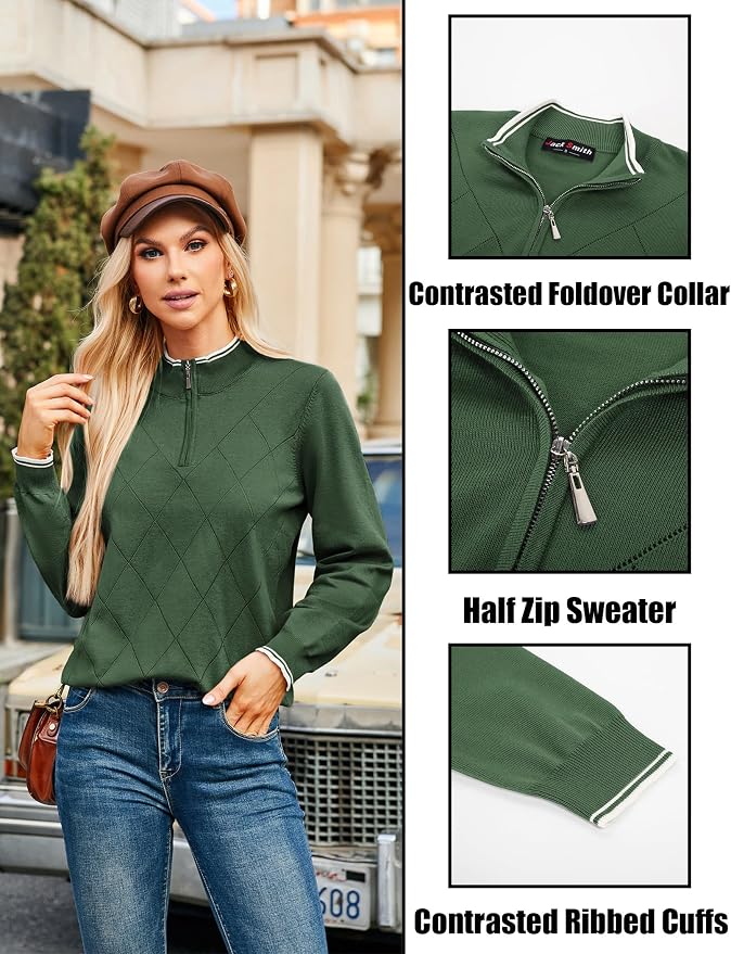 JACK SMITH Quarter Zip Pullover Sweaters for Womens, Rib Polo Sweater Tops | V Neck,Knit,Long Sleeve,Argyle,Open Pattern,Callar,Lightweight,Fashion,Golf Work Business Daily Wear Versatile Pullover Shirt