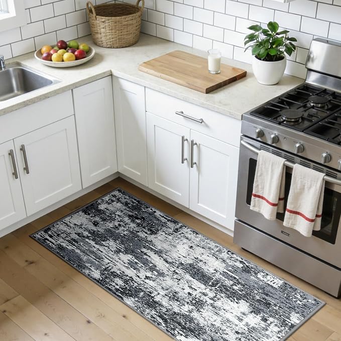 RELEANY Washable 2'x5' Abstract Area Rug for Living Room Black White | carpet for bedroom, kitchen, office, hallway and entryway, printed pattern, non-slip, soft, stain-resistant, easy to clean