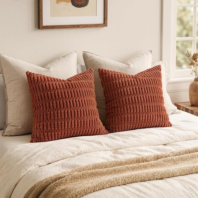 MIULEE Fall Corduroy Decorative Throw Pillow Covers 18x18 Rust Pack of 2 | Terracotta Soft Boho Striped Pillow Covers Modern Farmhouse Autumn Home Decor For Sofa Living Room Couch Bed