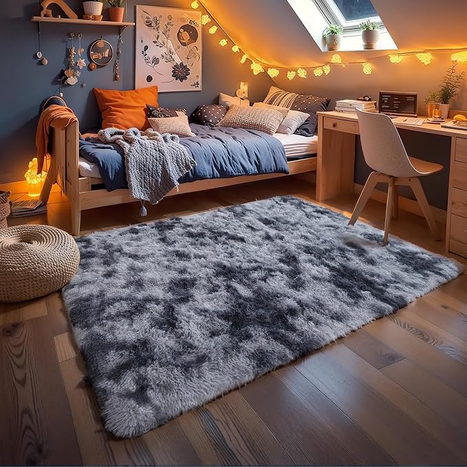 6x9 Tie-dye Dark Grey Shag Rug for Bedroom, Soft Plush Fluffy Carpet | Gray Area Rug for Living Room, Kids Nursery, Boys Dorm Room, Washable Non Slip Shaggy Carpet