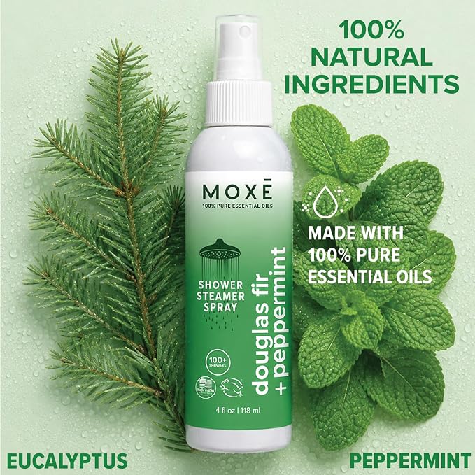 MOXE Aromatherapy Shower Spray - Douglas Fir & Peppermint, 100% Essential Oils, Made in USA, Aromatherapy, Sinus Congestion Relief, Respiratory Support, 4 Oz (1 Pack)